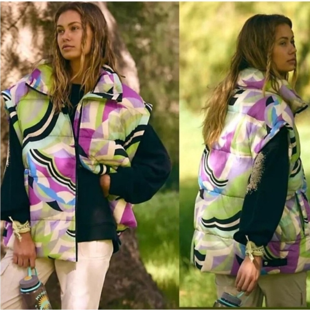 FP Movement by Free People Multicolor Abstract Puffer Vest - Green, Purple, Blue